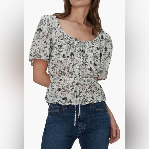 7 For All Mankind Floral Cotton Peasant Top SZ Small NWT Toile Green - Picture 1 of 4